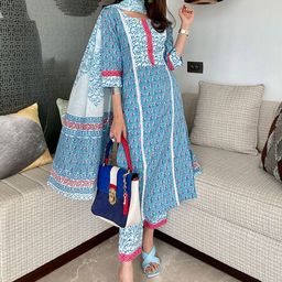 Libas Women Blue Floral Printed Pure Cotton Kurta with Trousers & With Dupatta-25
