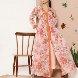 Ahalyaa Women Pink Floral Printed High Slit Kurta with Trousers-image-56