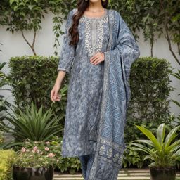 AHIKA Ethnic Motifs Embroidered Mirror Work Kurta with Trousers & Dupatta-10