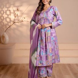 DishaDakshin Women Printed Empire Pure Silk Kurta with Trousers & With Dupatta-image-3