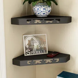 Home Sparkle Black 2 Pcs Engineered Wood Corner Wall Shelves-image-18