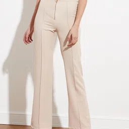 Trendyol Women Cream-Coloured Solid Regular Trousers-picture-0