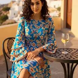 Hive91 Floral Printed Bell Sleeves Georgette Fit & Flare Dress-image-56