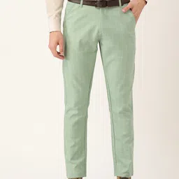 SOJANYA Men Sea Green & Yellow Checked Smart Fit Formal Trousers-image-35