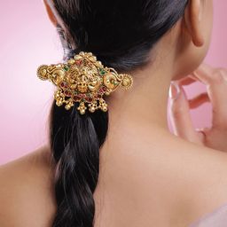 Rubans 22K Gold-Plated Ruby Pink & Emerald Green Stone Goddess Lakshmi Temple Hair Clip-52