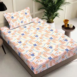 FABINALIV White & Orange Geometric Printed 300 TC Single Bedsheet With 1 Pillow Cover-15