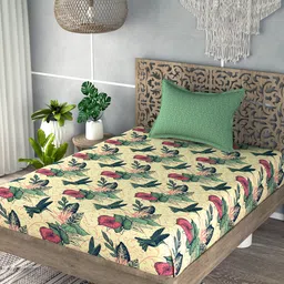 EverHOME Yellow & Green Floral 180 TC Flat Cotton Single Bedsheet with 1 Pillow Cover-image-52