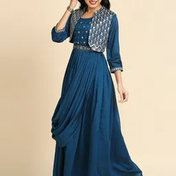 MADHURAM Embroidered Silk Satin Fit & Flare Maxi ethnic Dress With Jacket & Belt-picture-34