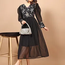 Sangria Floral Embroidered Flared Anarkali Midi Ethnic Dress-image-94
