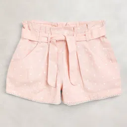 Cherry Crumble Girls Peach-Coloured & White Cotton Polka Dots Print Shorts with Belt-image-59