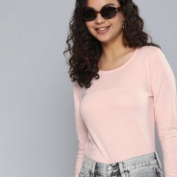 HERE&NOW Women Pink Solid Pure Cotton T-shirt-image-92