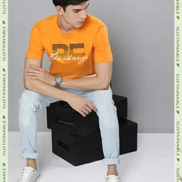 HERE&NOW Men Orange & Black Typography Printed Pure Cotton T-shirt-image-68