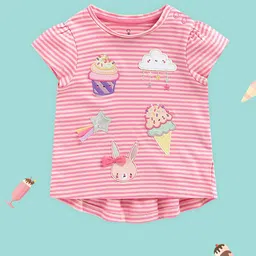 mothercare Girls Pink Striped And Patch Work Pure Cotton T-shirt-image-39