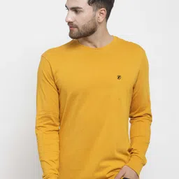 Friskers Men Mustard Yellow Solid Round Neck Pure Cotton T-shirt-image-50