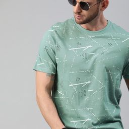 Roadster Men Green  White Printed Round Neck Pure Cotton T-shirt-image-24