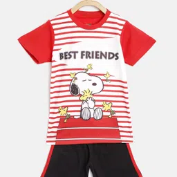 Eteenz Boys Red & White Striped & Snoopy Print Pure Cotton T-shirt with Shorts-image-26