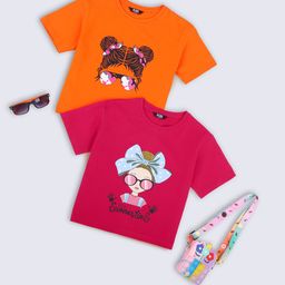 HERE&NOW Girls Pack Of 2 Graphic Printed Boxy Pure Cotton T-shirts-52