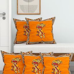 Lali Prints Orange & Yellow Set of 5 Ethnic Motifs Square Cushion Covers-12