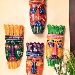apka mart Orange & Red 4 Pieces Wooden Nazar Battu Tribal Masks Wall Decors-picture-18