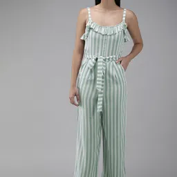 The Dry State Women White & Green Striped Ruffled Basic Jumpsuit-27