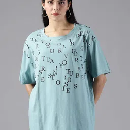 The Roadster Lifestyle Co. Sea Green Typography Printed Oversized Pure Cotton T-Shirt-image-17