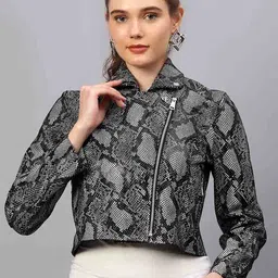Saint G Animal Printed Lapel Collar Long Sleeves Water Resistant Crop Leather Jacket-picture-17