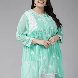 ADA Plus Size Sea Green Ethnic Motifs Embroidered Chikankari Kurti With Slip-image-30