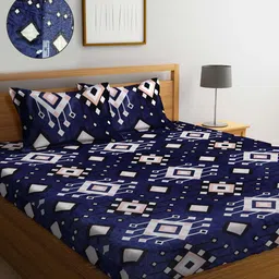 KLOTTHE Blue Geometric Printed 300TC Fitted Wool Double Bedsheet With 2 Pillow Covers-image-60