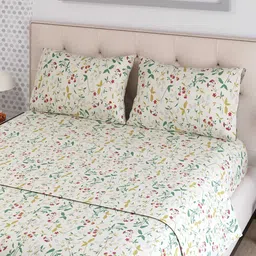 Layers Emaline Beige & Green Floral Cotton 144 TC Double Bedsheet with 2 Pillow Covers-image-67