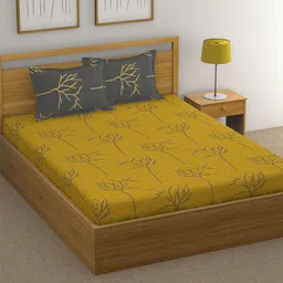 Huesland Yellow & Grey Floral 144 TC Cotton Double Queen Bedsheet with 2 Pillow Covers-picture-3
