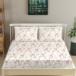 Trance Home Linen Pink & White 180TC Cotton Fitted Queen Bedsheet with 2 Pillow Covers-image-81
