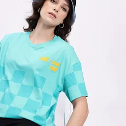 Kook N Keech Checked Pure Cotton Drop-Shoulder Sleeves Oversized T-shirt-image-41