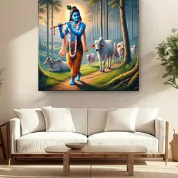 999Store Blue & Green Canvas Religious Lord Krishna with Cows A Divine Wall Painting-picture-37