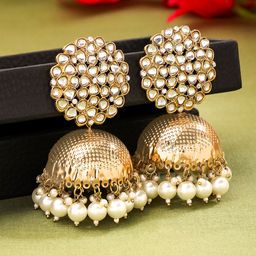 Yellow Chimes Gold-Plated Kundan Pearls Contemporary Jhumkas Earrings-48