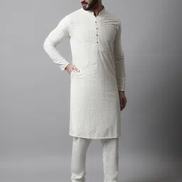 Jompers Men Cream-Coloured Self Design Kurta with Pyjamas image 1