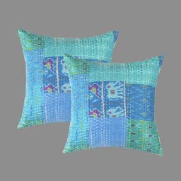 HANDICRAFT PALACE Turquoise Blue Set of 2 Silk Patchwork Cushion Covers-image-65