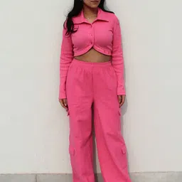 Obleka Cotton Fleece Crop Shirt With Flared Trousers Co-Ords-picture-40