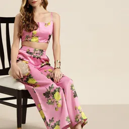 Shae by SASSAFRAS Women Pink & Yellow Floral Printed Palazzos-image-63