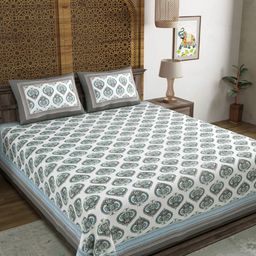 Sangria Grey & Green Geometric Printed 210TC Cotton King Bedsheet With 2 Pillow Covers-10