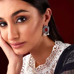Rubans Silver-Toned & Red Stone Studded Oxidised Square Studs Earrings-15