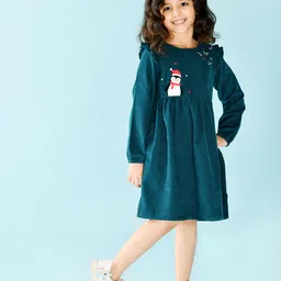 Beebay Girls Green Penguin Embroidered A-Line Corduroy Dress-picture-14