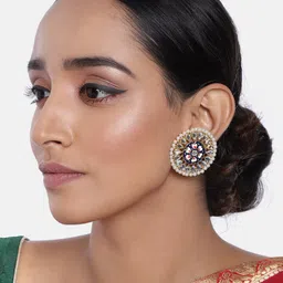 I Jewels Blue Circular Kundan & Pearl Studded Enamelled Oversized Studs-70