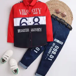 DKGF FASHION Boys Red & Navy Blue Printed Shirt With Trousers-image-29