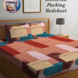 Arrabi Bookfold Peach-Coloured & Red Printed 300 TC King Bedsheet & Pillow Covers-57
