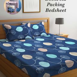 Arrabi Bookfold Blue & Yellow Floral Printed 300 TC King Bedsheet With 2 Pillow Covers-image-91