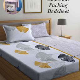 Arrabi Bookfold Grey & Yellow Floral Printed 300 TC King Bedsheet With 2 Pillow Covers-image-93