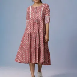 Azira Pink Ethnic Motifs Tie-Up Neck Cotton A-Line Midi Dress-picture-31