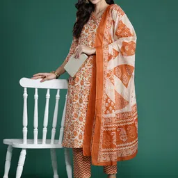 Indo Era Floral Printed Gotta Patti Pure Cotton Kurta With Trousers & Dupatta-picture-17