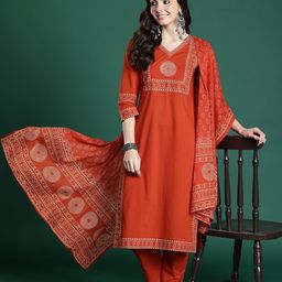 Indo Era Ethnic Motifs Printed Pure Cotton Kurta with Trousers & Dupatta-image-87
