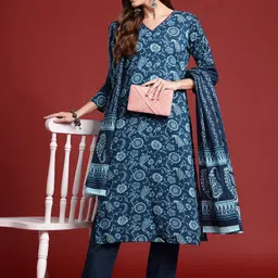 Indo Era Paisley Printed Thread Work Pure Cotton Kurta With Trousers & Dupatta-picture-34